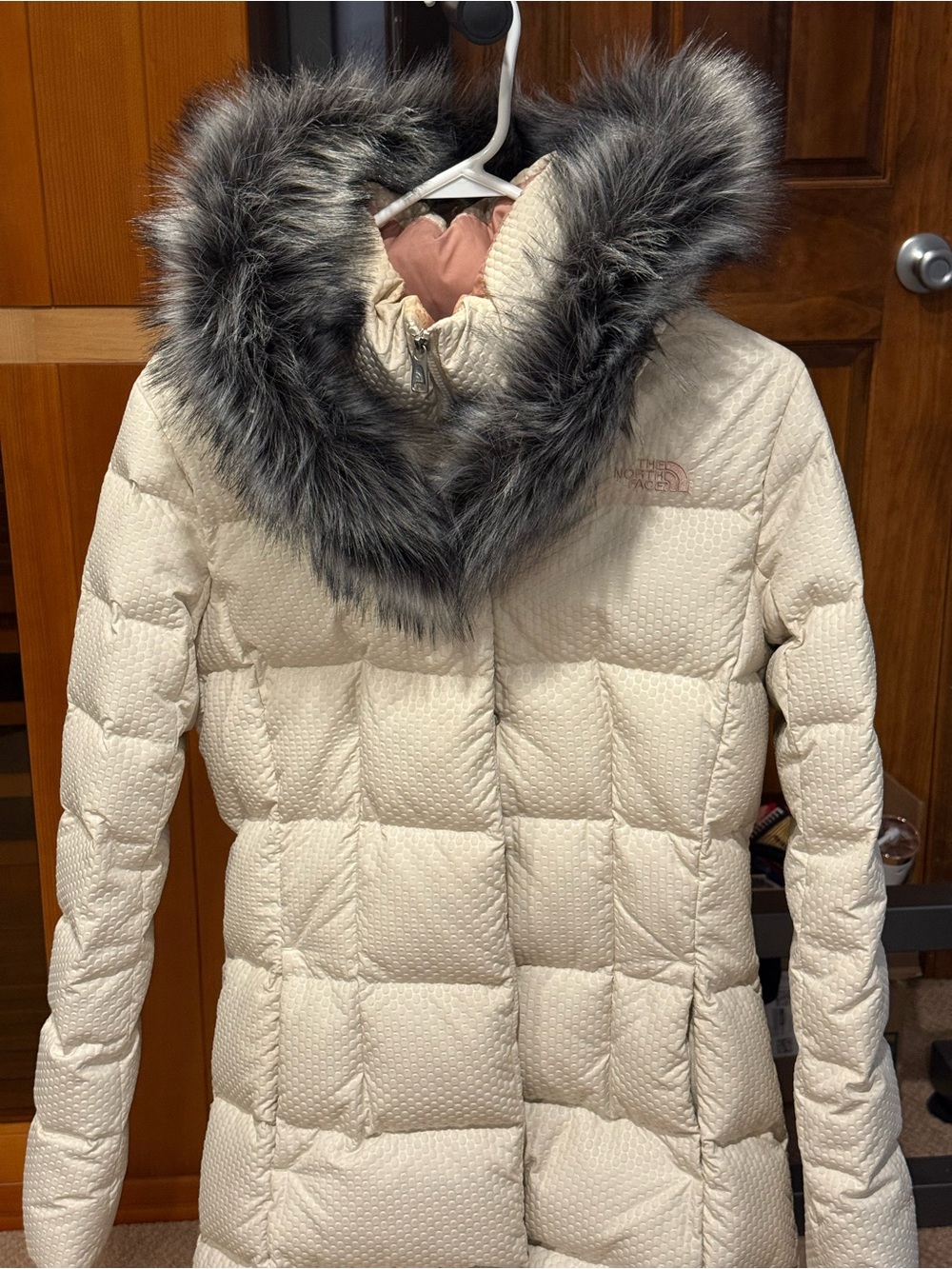 The North Face Women's Cream Quilted Down Puffer Coat with Faux Fur Hood
